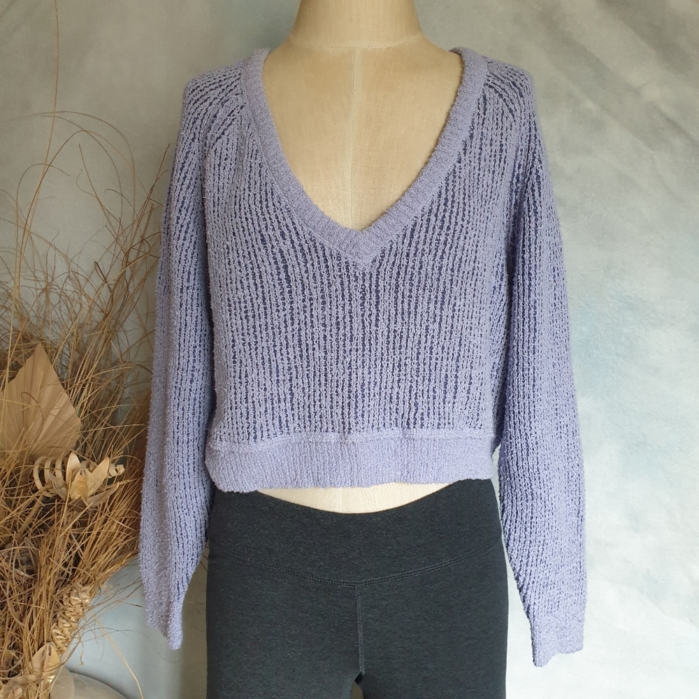 Free People High Low Purple Combo Textured V-Neck Relaxed Fit Comfy Sweater Sm - Picture 16 of 16